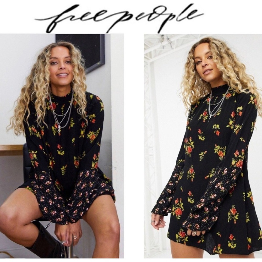 Free People Tate Tunic Black Combo Floral Bell Sleeve Boho Tunic Dress NWT